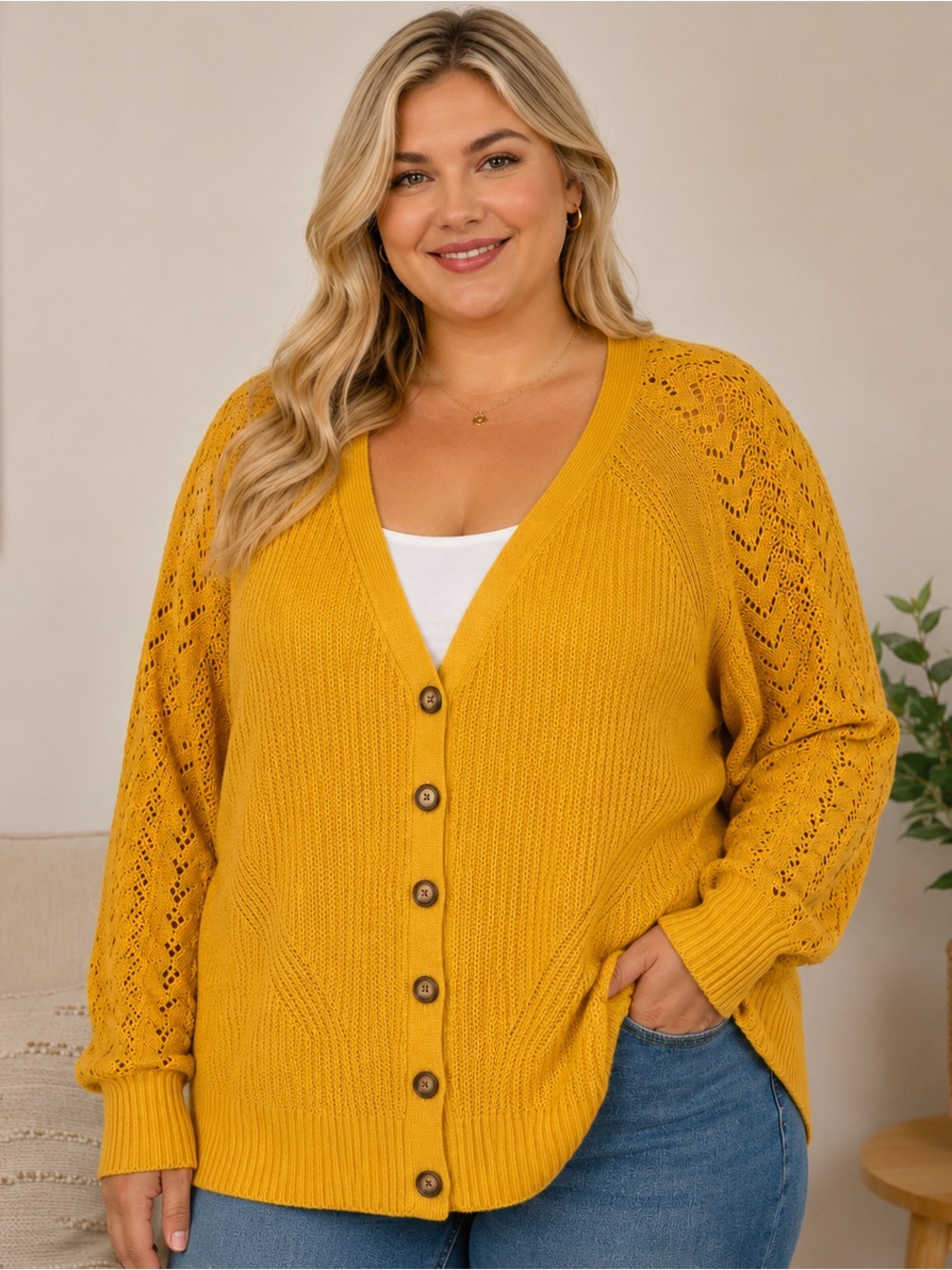 Torrid Yellow Pointelle Knit Cardigan Sweater Button Front Cotton Blend 2X NWT